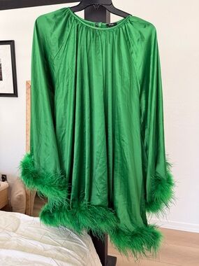Nasty Gal Emerald Green Satin feather trim babydoll bell sleeve dress size 14